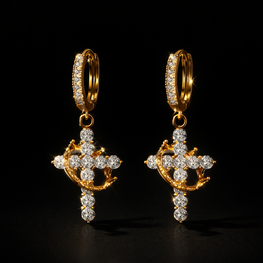 Luxury earrings with a crown and cross design, set with precious stones