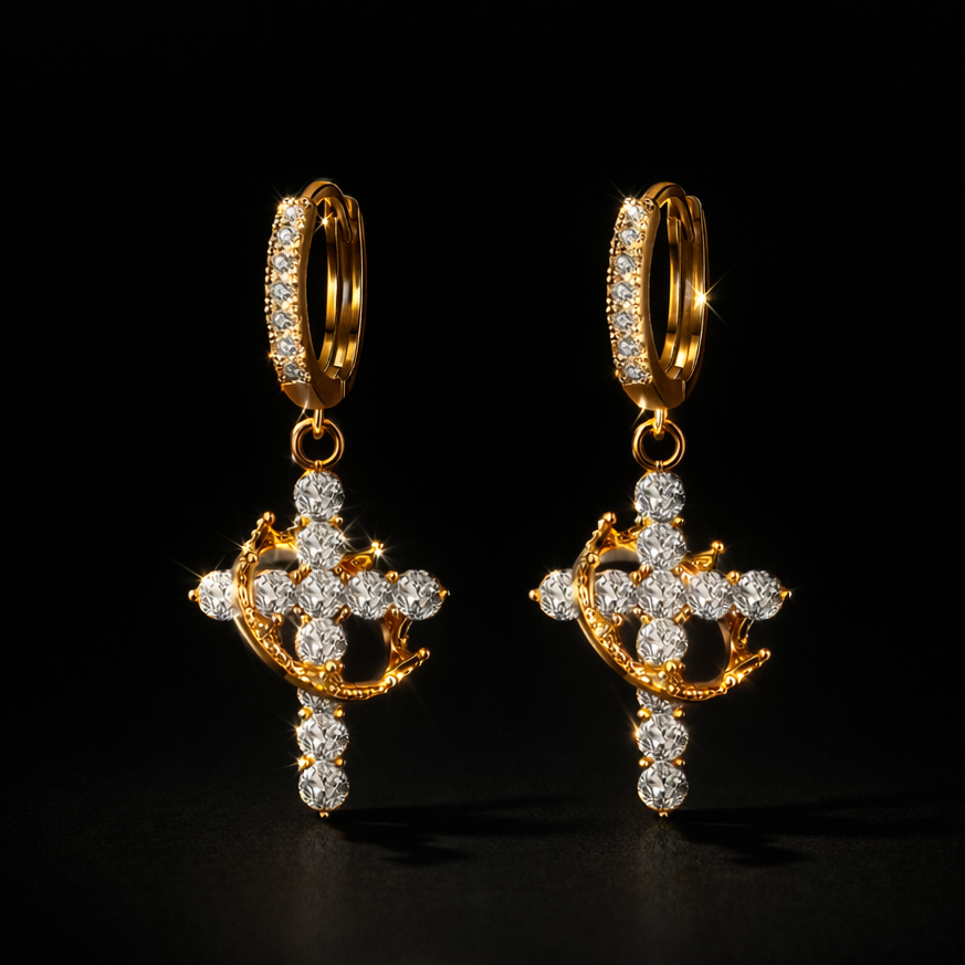 Luxury earrings with a crown and cross design, set with precious stones Luxury earrings with a crown and cross design, set with precious stones