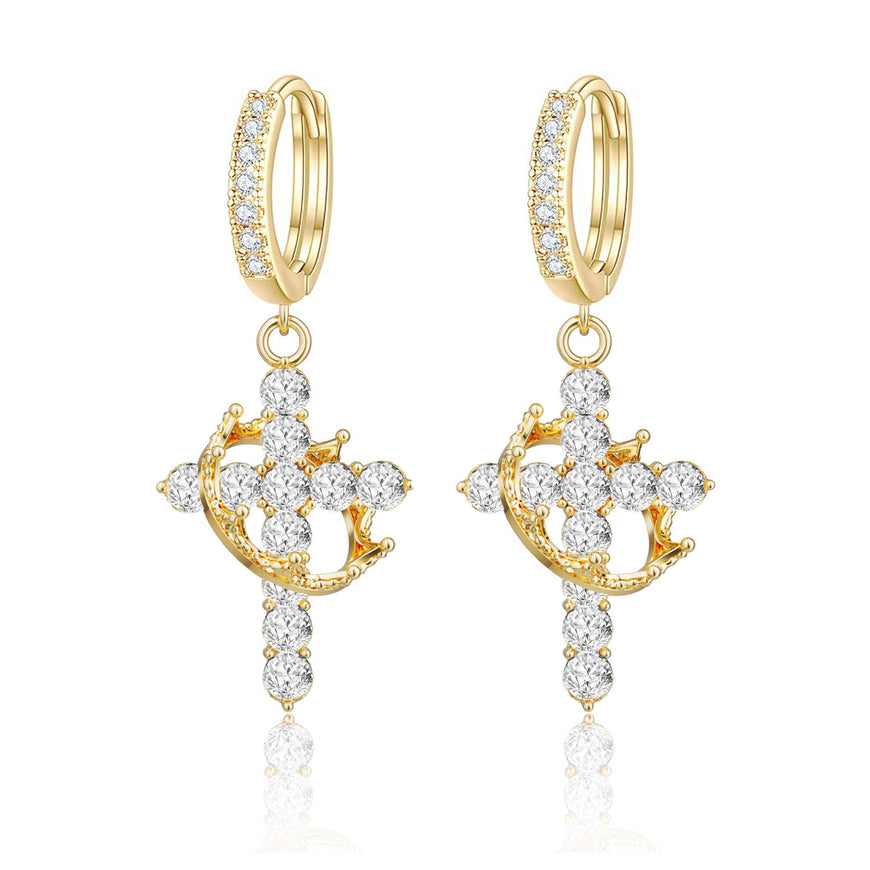 Luxury earrings with a crown and cross design, set with precious stones