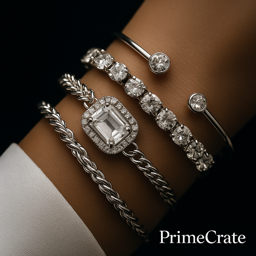 PrimeCrate™ Signature Diamond-Effect Bracelet Set (4-Piece Collection)