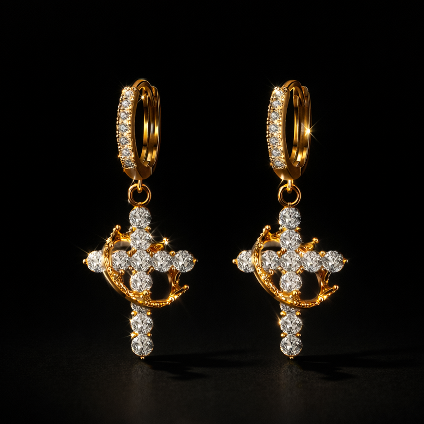 Luxury earrings with a crown and cross design, set with precious stones