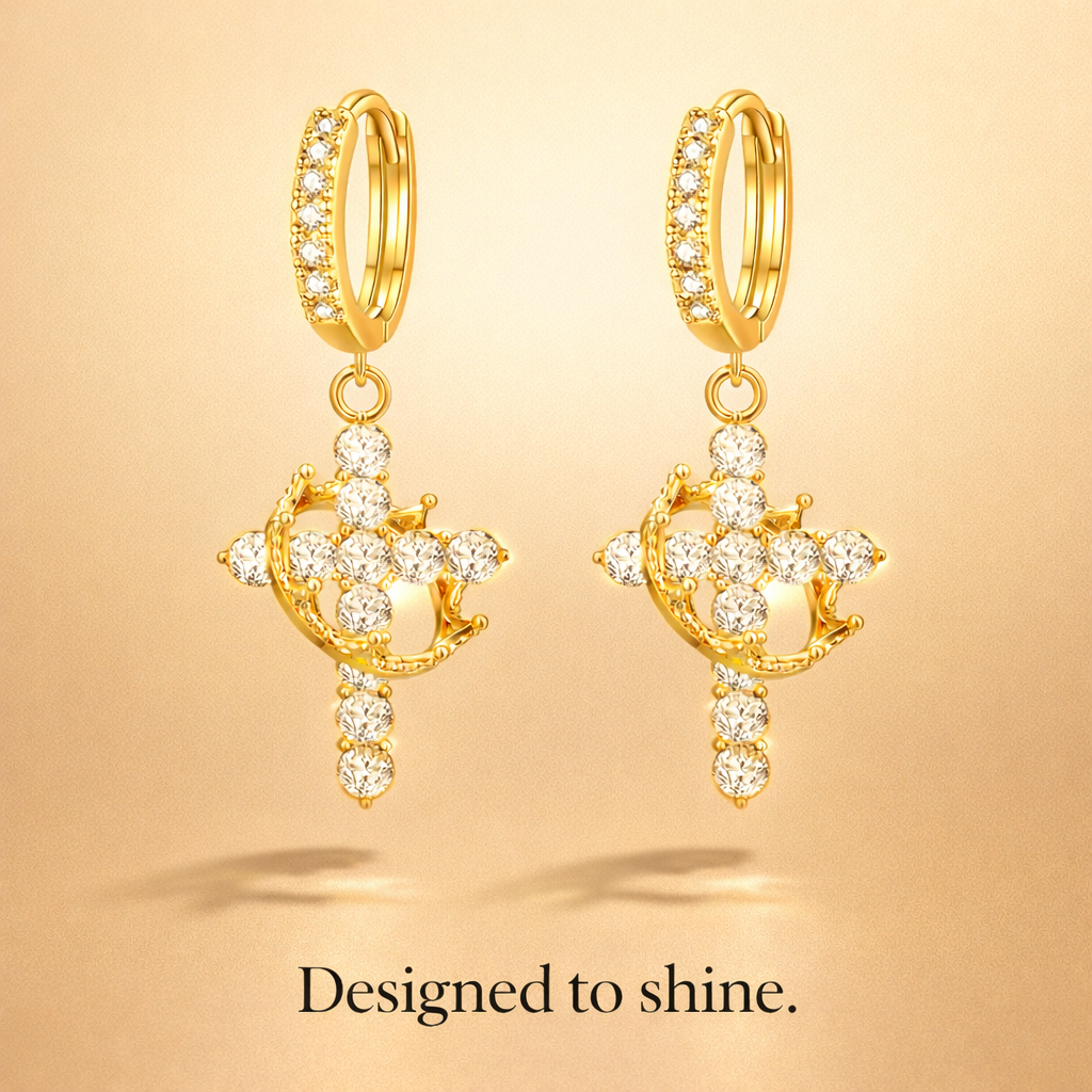 Luxury earrings with a crown and cross design, set with precious stones
